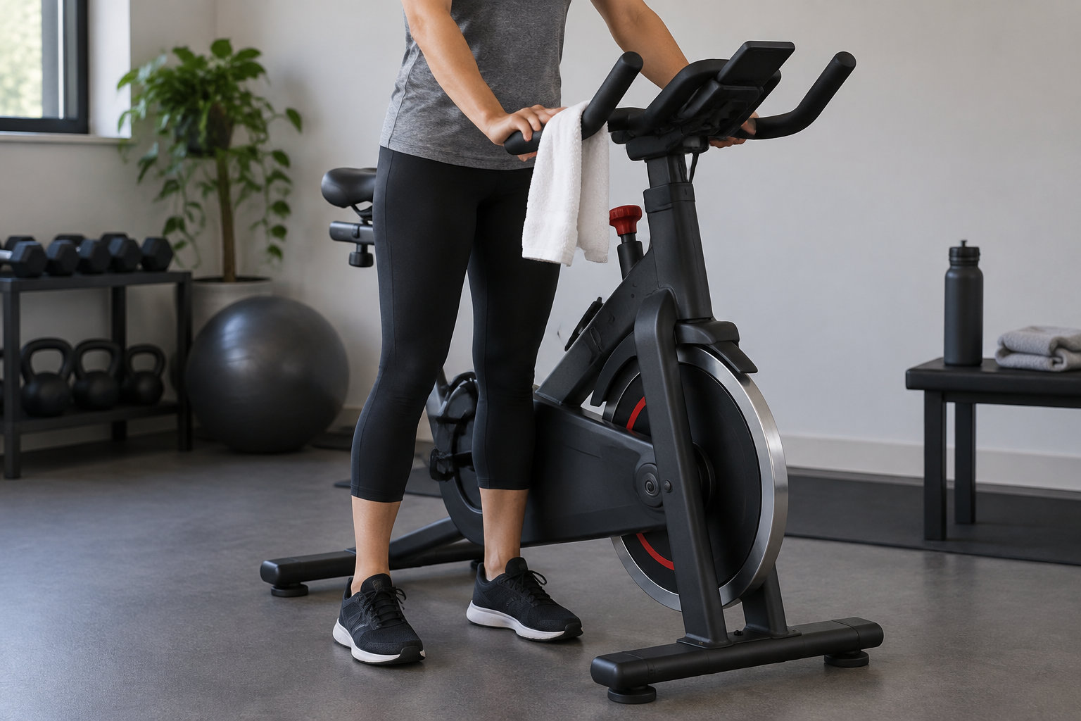 Une personne en tenue de sport se tient devant un vélo d’appartement, les mains sur le guidon où est posé une serviette blanche, dans une salle de sport.