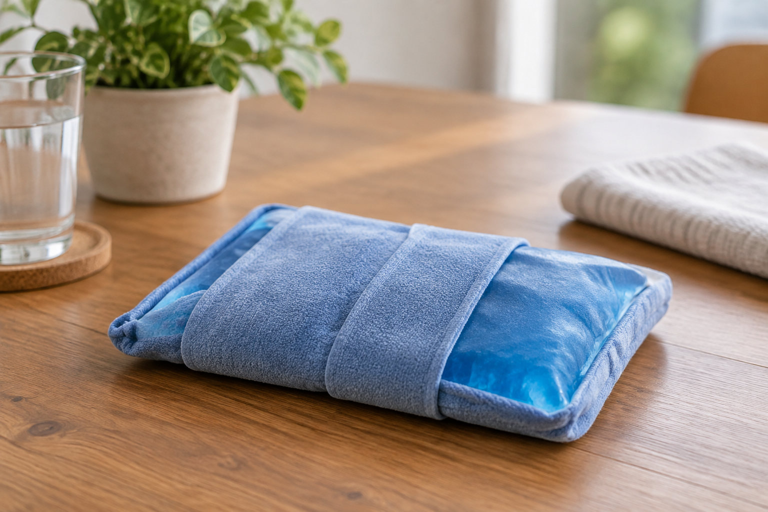 Une compresse froide bleue en tissu est posée sur une table en bois, près d’un verre d’eau, d’une plante en pot et d’une serviette pliée.