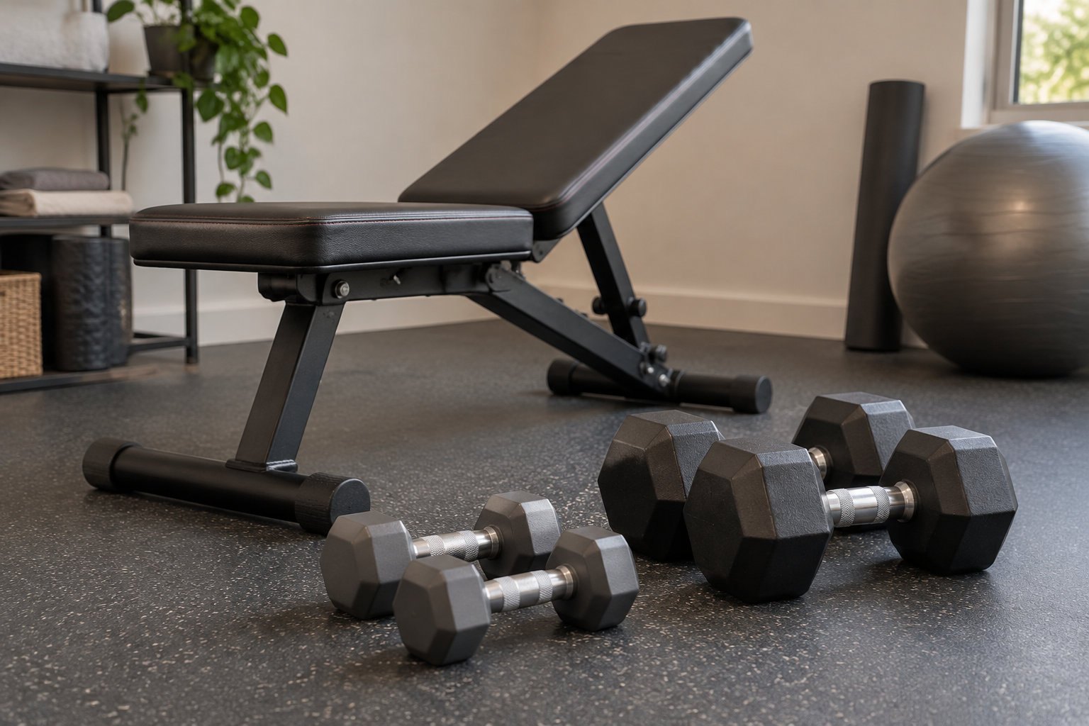 Un banc de musculation réglable et plusieurs haltères sont posés dans une salle de sport à domicile.
