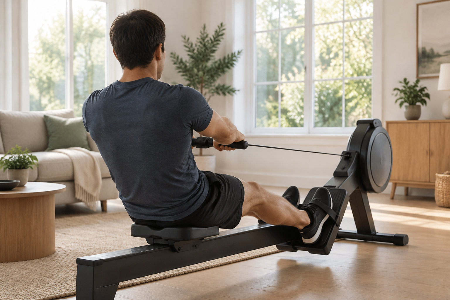 Un homme rame sur un appareil de fitness dans un salon lumineux.