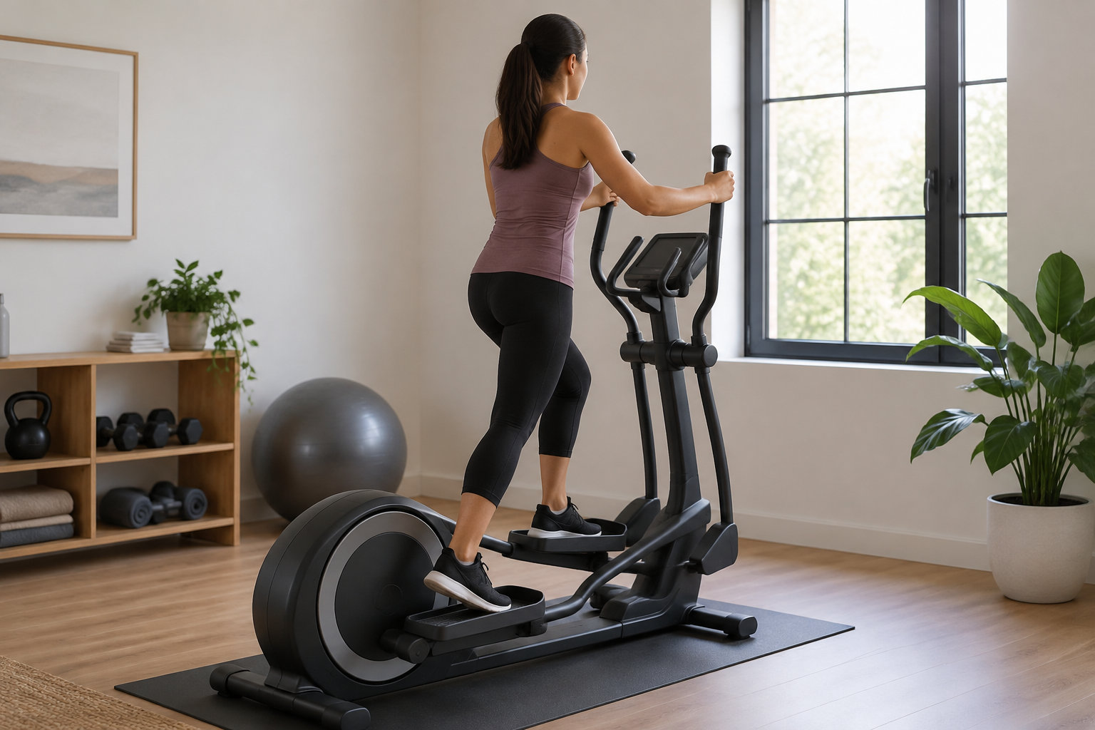 Une femme s’entraîne sur un vélo elliptique dans une pièce lumineuse aménagée en salle de sport.