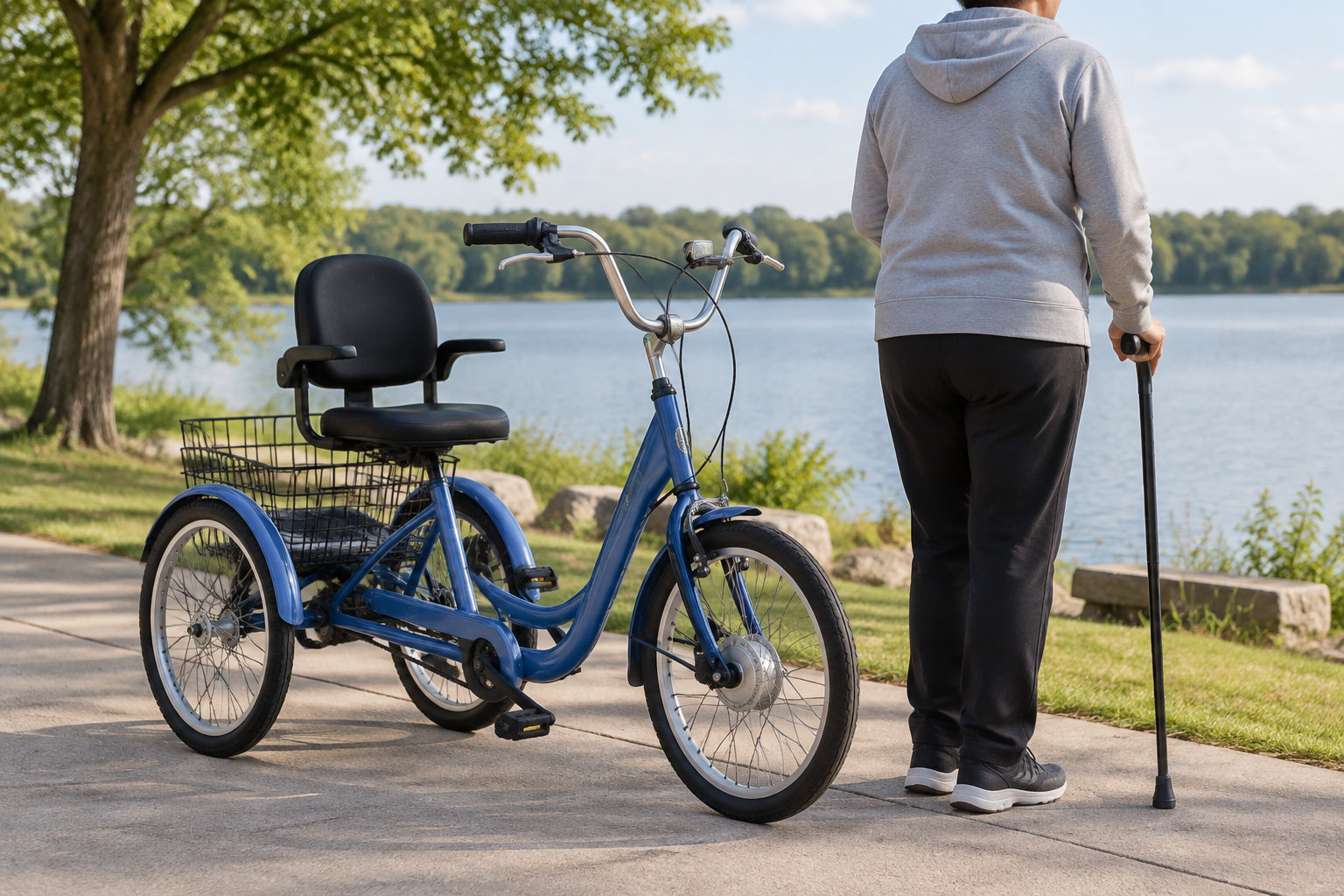 Une personne appuyée sur une canne se tient à côté d’un tricycle bleu sur un chemin au bord d’un lac.