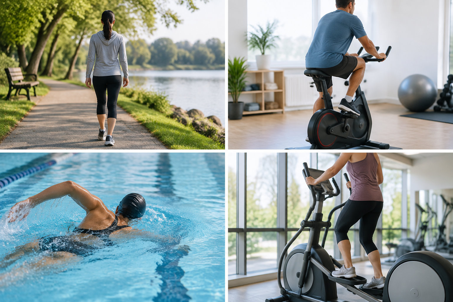 Un collage montre une femme marchant au bord d’un lac, un homme pédalant sur un vélo d’intérieur, une personne nageant dans une piscine et une femme utilisant un vélo elliptique.