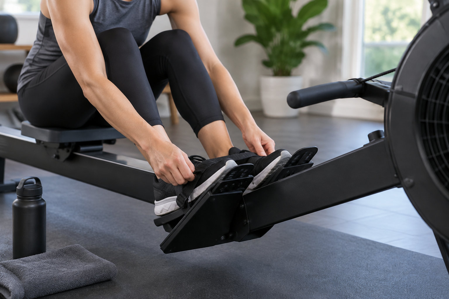 Une personne assise sur un rameur ajuste les sangles de ses chaussures sur les repose-pieds, dans une salle de sport.