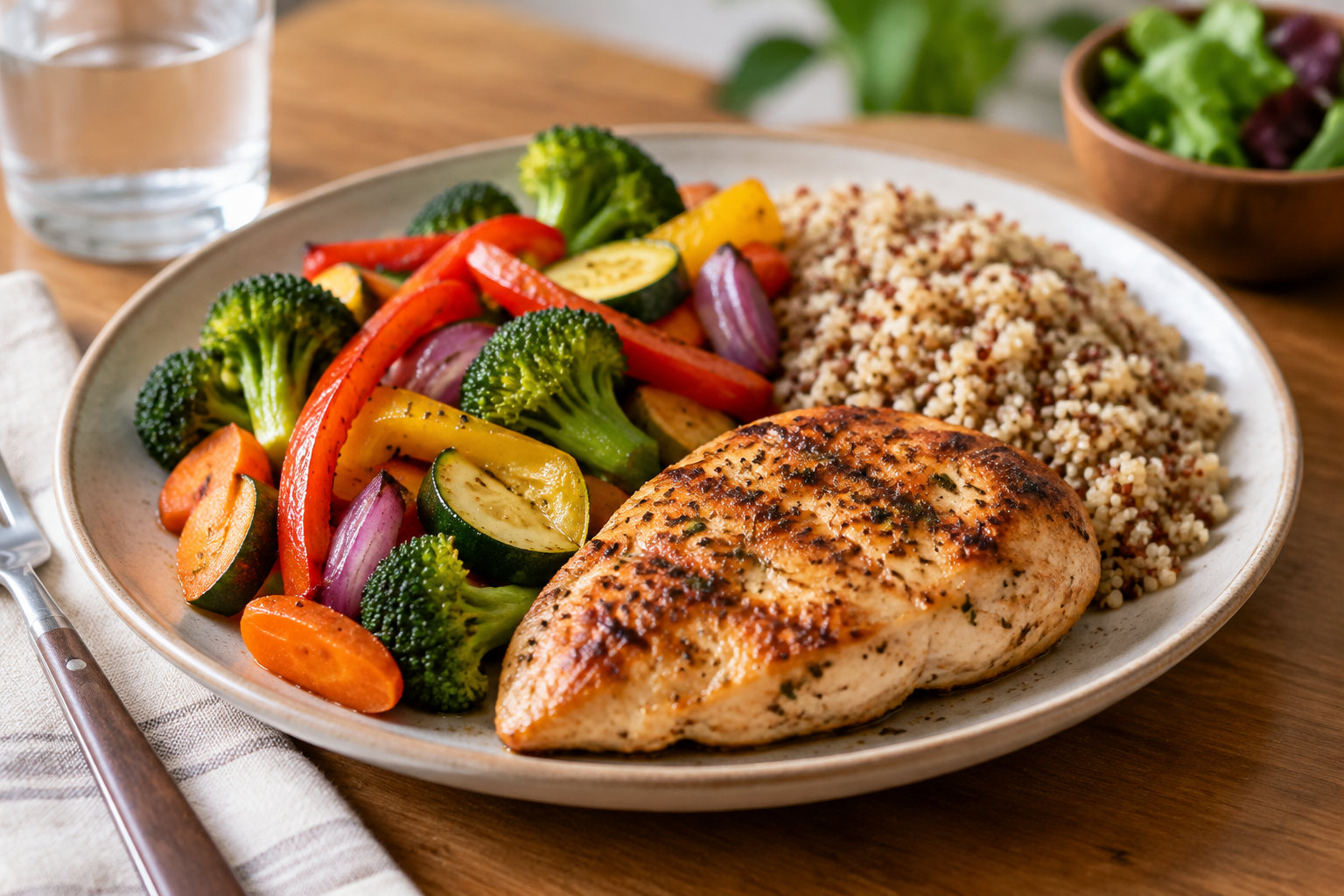 Une assiette contient un blanc de poulet grillé, du quinoa et des légumes rôtis, posée sur une table en bois.
