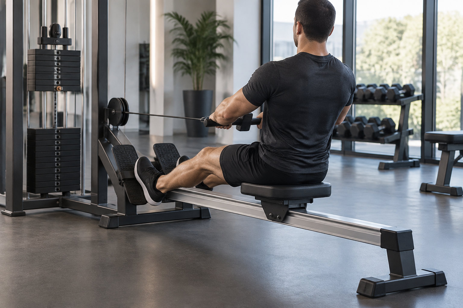 Un homme assis sur une machine de musculation tire une poignée vers lui dans une salle de sport.