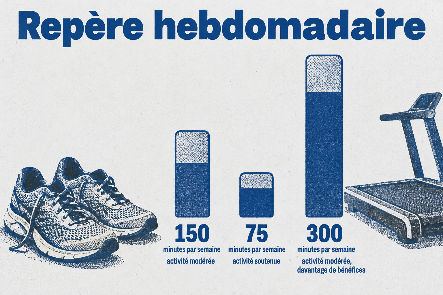 Le repère hebdomadaire est de 150 minutes d’activité modérée ou 75 minutes d’activité soutenue, avec la possibilité d’augmenter progressivement l’activité modérée jusqu’à 300 minutes pour davantage de bénéfices.