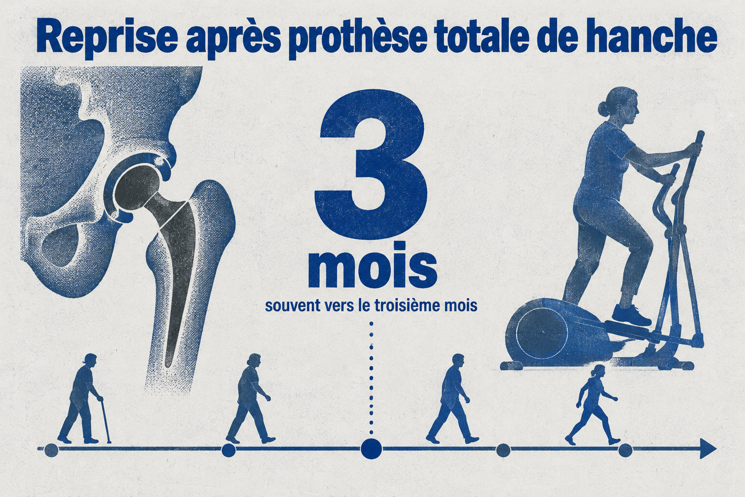 Après une prothèse totale de hanche, la reprise progressive des activités se fait souvent vers le troisième mois, après accord du chirurgien ; les premières semaines sont consacrées à la marche.