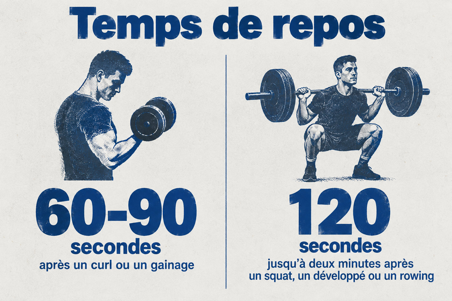 Le repos conseillé est de 60 à 90 secondes après un curl ou un gainage, et jusqu’à 120 secondes après un squat, un développé ou un rowing.