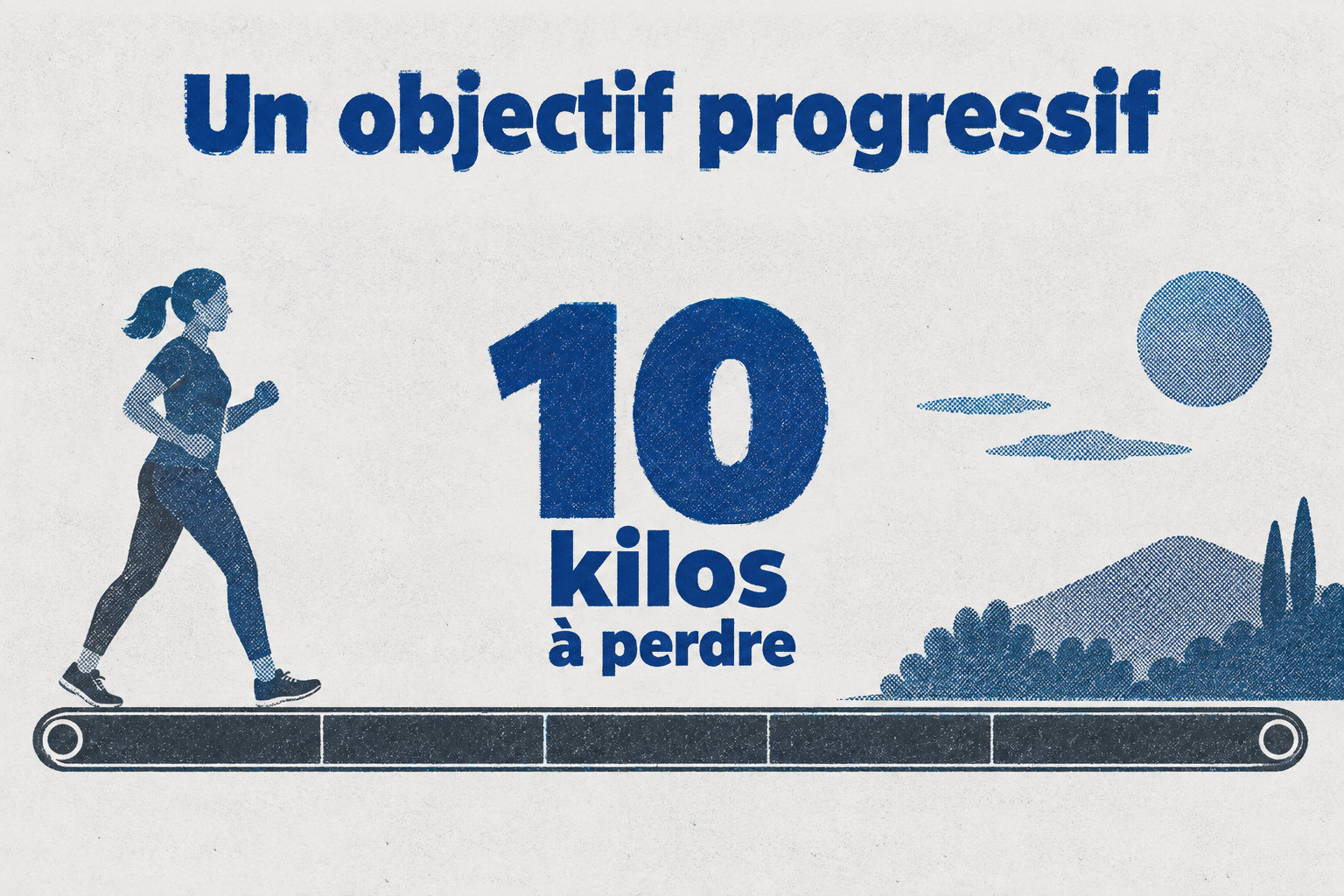 L’objectif illustré est de perdre 10 kilos, un processus qui demande de maintenir un déficit énergétique pendant plusieurs mois, sans échéance garantie.
